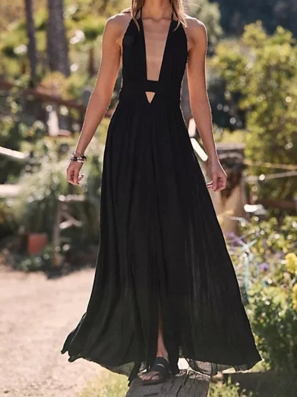 Free People Look Into the Sun Maxi Dress Halter Cutout Smocked Black XS